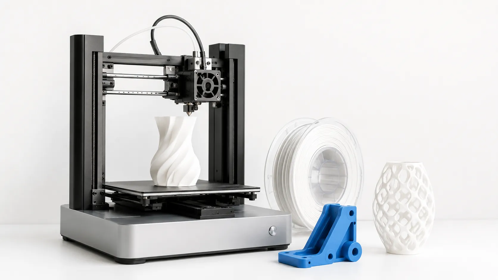 3D printer producing a white vase beside filament and printed parts