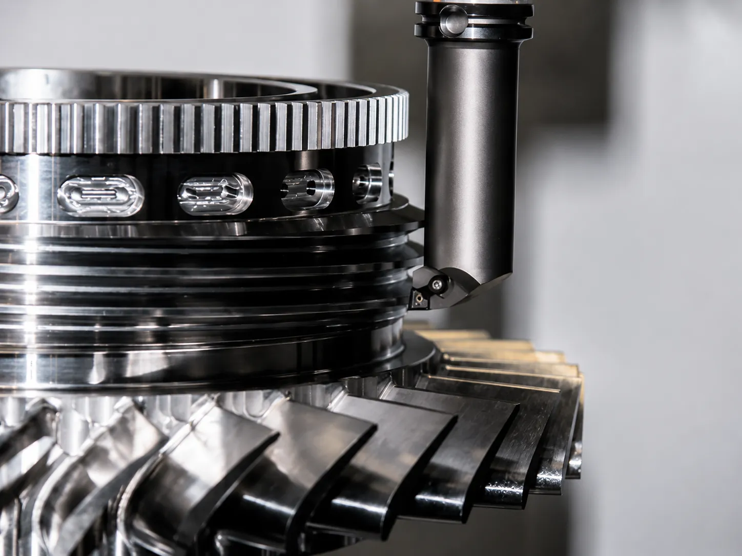 Close-up of 5-axis machined part showing surface finish