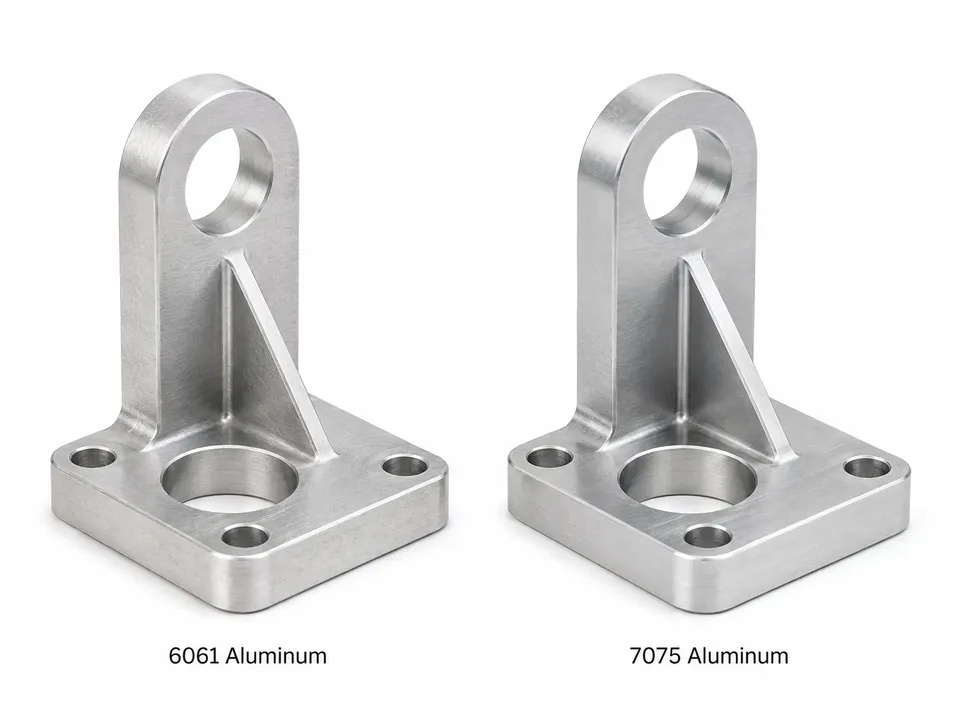 Machined bracket samples in aluminum 6061 and 7075 shown side by side for comparison