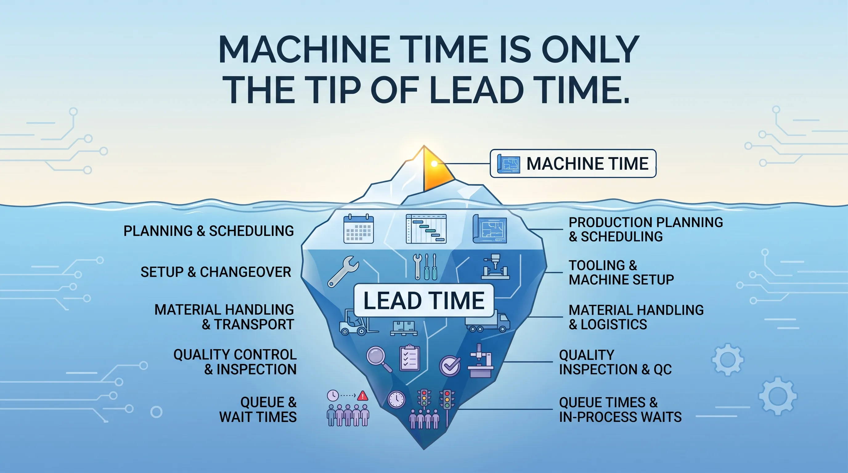 DFM lead-time infographic showing setups, inspection, queues, and secondary processes around machine time