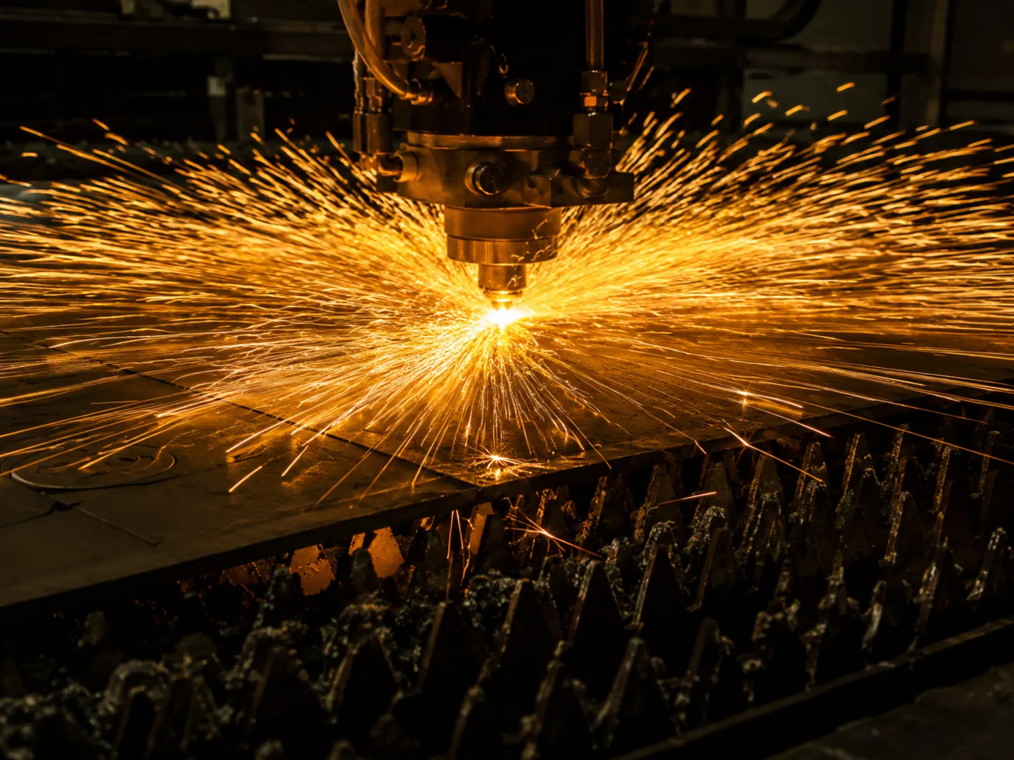 Laser cutting a metal sheet with bright sparks