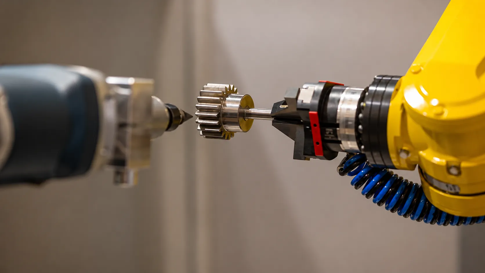 Industrial robotic arm machining a metal gear